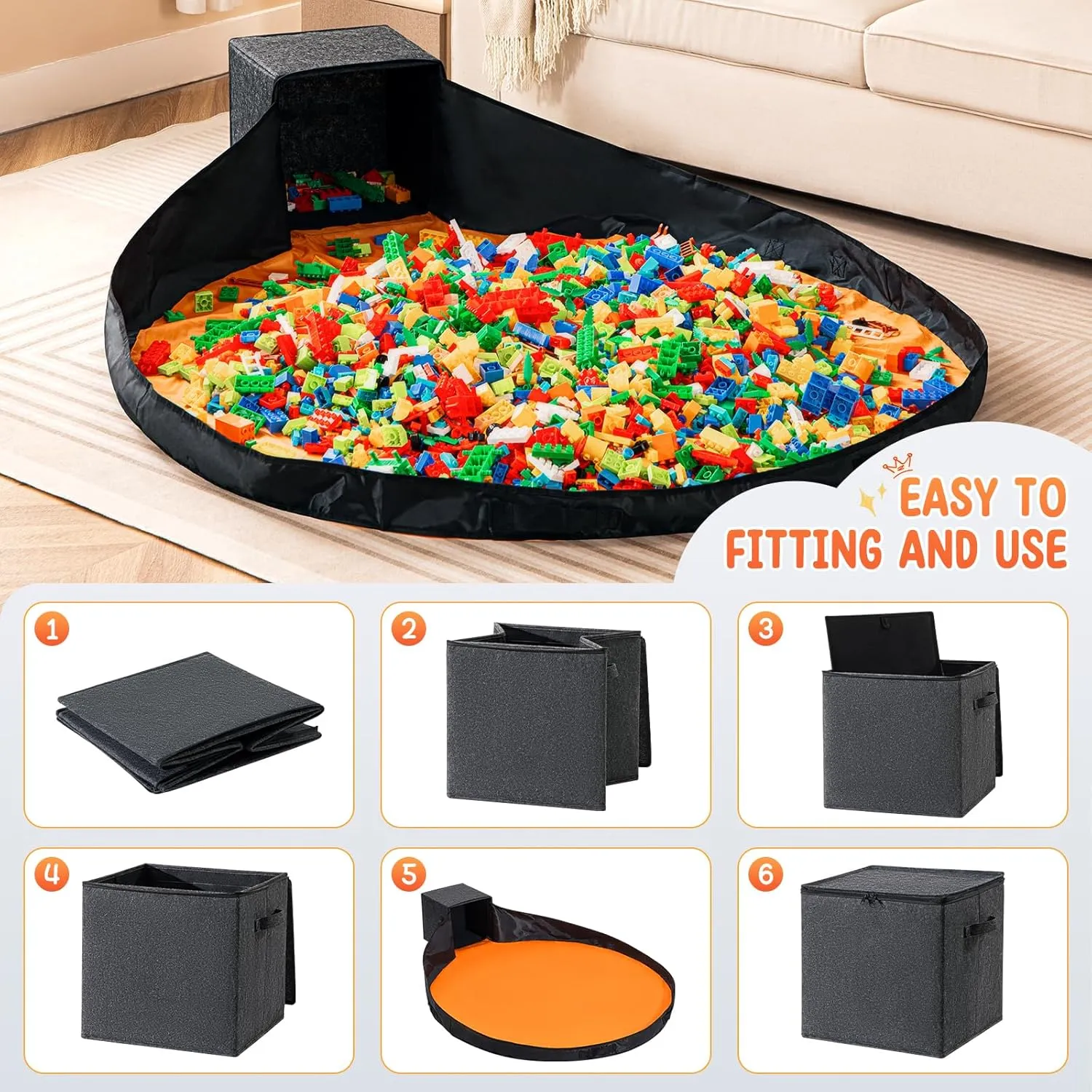 2Pack Toy Storage Organizer and Play Mat 13" Basket for Building Bricks Collapsible Storage Box for Kids Nonwoven Fabric Organizer Cube Bin