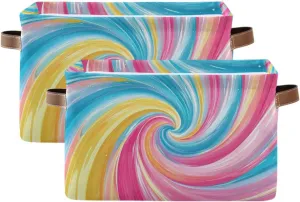 2PCS Candy Color Line Large Collapsible Storage Bins,Canvas Fabric Foldable Storage Bins with Handles Open Home Storage Bins Boxes Toy Storage Basket