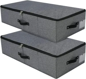 2PCS Foldable Under Bed Storage Box with Plastic Support Liner, Handles, Zipper lid, Blankets Clothes Comforters Storage Bin Organizer for Bedroom and Closet, 29×15×7inch, Black Grey