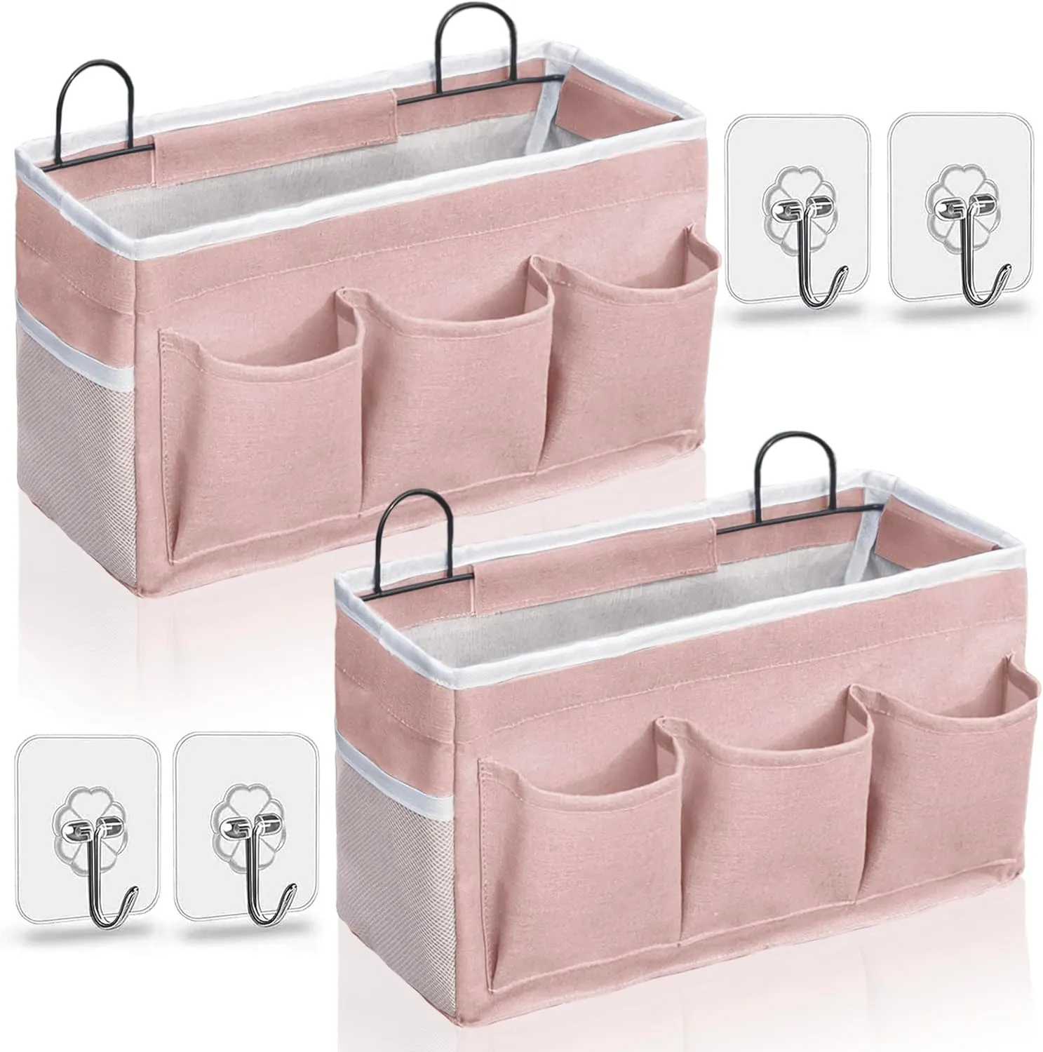2pcs Light-Style Wall Hanging Storage Bag, Linen Fabric Door Hanging Organizer Baskets with Pockets, Waterproof Bin for Bedroom, Kitchen, Office, RV Camper (Pink-2pcs)