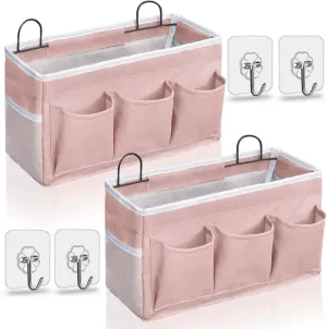 2pcs Light-Style Wall Hanging Storage Bag, Linen Fabric Door Hanging Organizer Baskets with Pockets, Waterproof Bin for Bedroom, Kitchen, Office, RV Camper (Pink-2pcs)