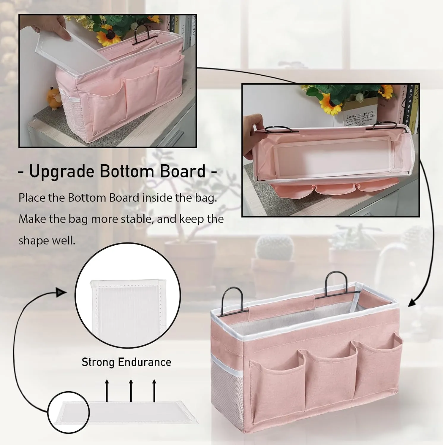 2pcs Light-Style Wall Hanging Storage Bag, Linen Fabric Door Hanging Organizer Baskets with Pockets, Waterproof Bin for Bedroom, Kitchen, Office, RV Camper (Pink-2pcs)