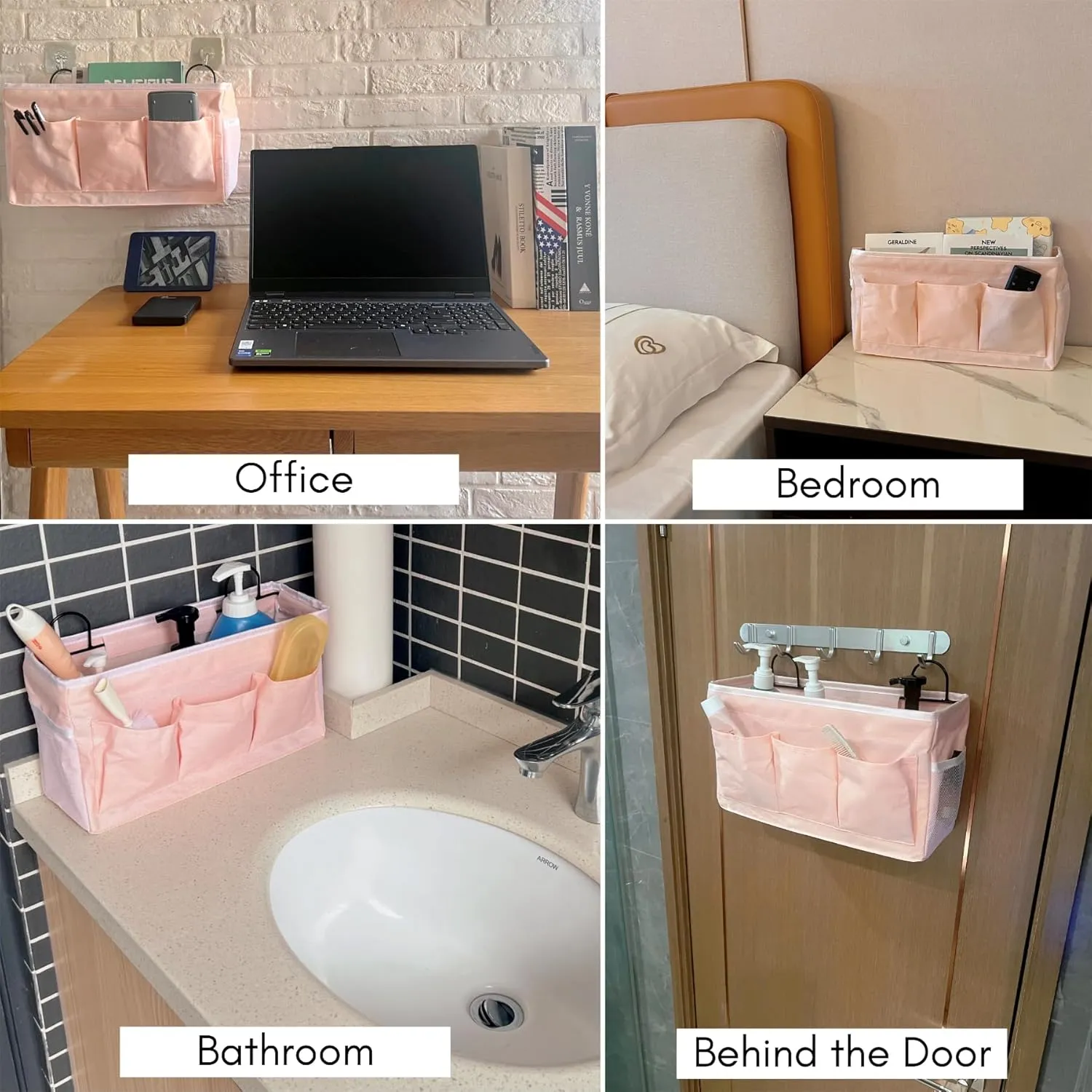 2pcs Light-Style Wall Hanging Storage Bag, Linen Fabric Door Hanging Organizer Baskets with Pockets, Waterproof Bin for Bedroom, Kitchen, Office, RV Camper (Pink-2pcs)