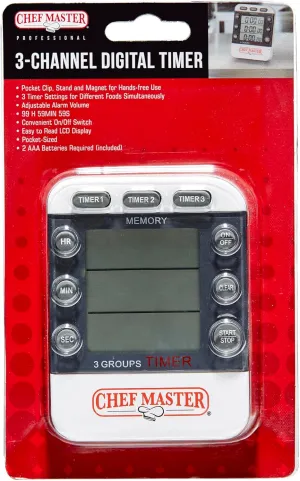 3-Channel Digital Timer, Triple Channel Count Up/Down Kitchen Digital Timer for Cooking, Roasting, Grilling, Marinade, Boiling & Baking, Pocket Clip, Stand & Magnet for Hands Free by Chef Master 90271