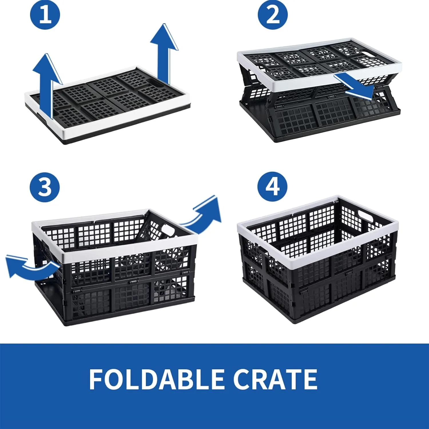 3-Pack Plastic Collapsible Storage Crates-30L,Foldable Plastic Crates for Storage (Black Gray)