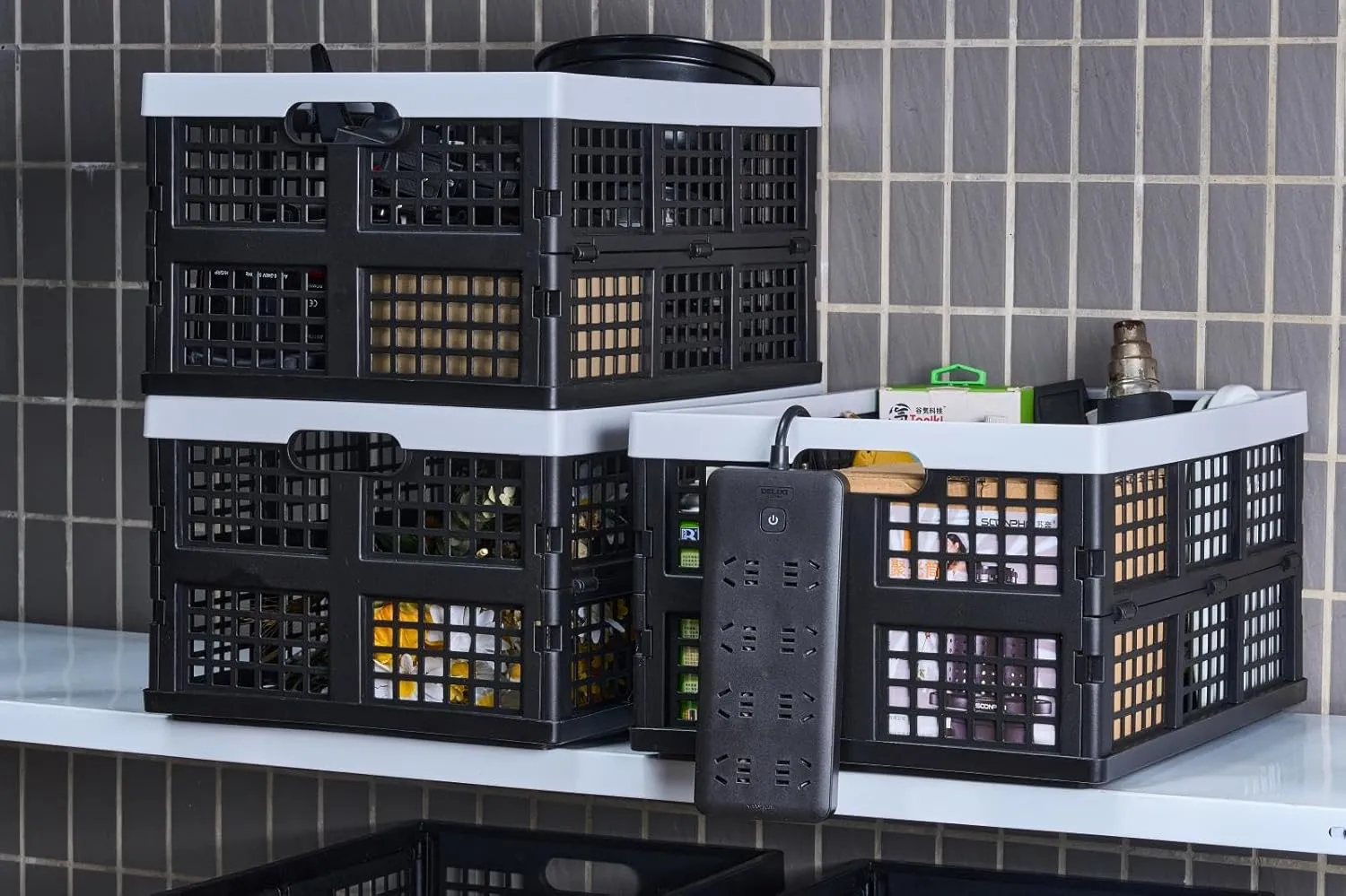 3-Pack Plastic Collapsible Storage Crates-30L,Foldable Plastic Crates for Storage (Black Gray)