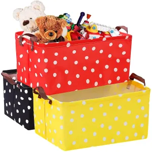 3 Pack Storage Baskets Waterproof Canvas with Leather Handles Storage Bins Basket Organizer Collapsible for Closet Clothes Room Decor(Cute Dot)
