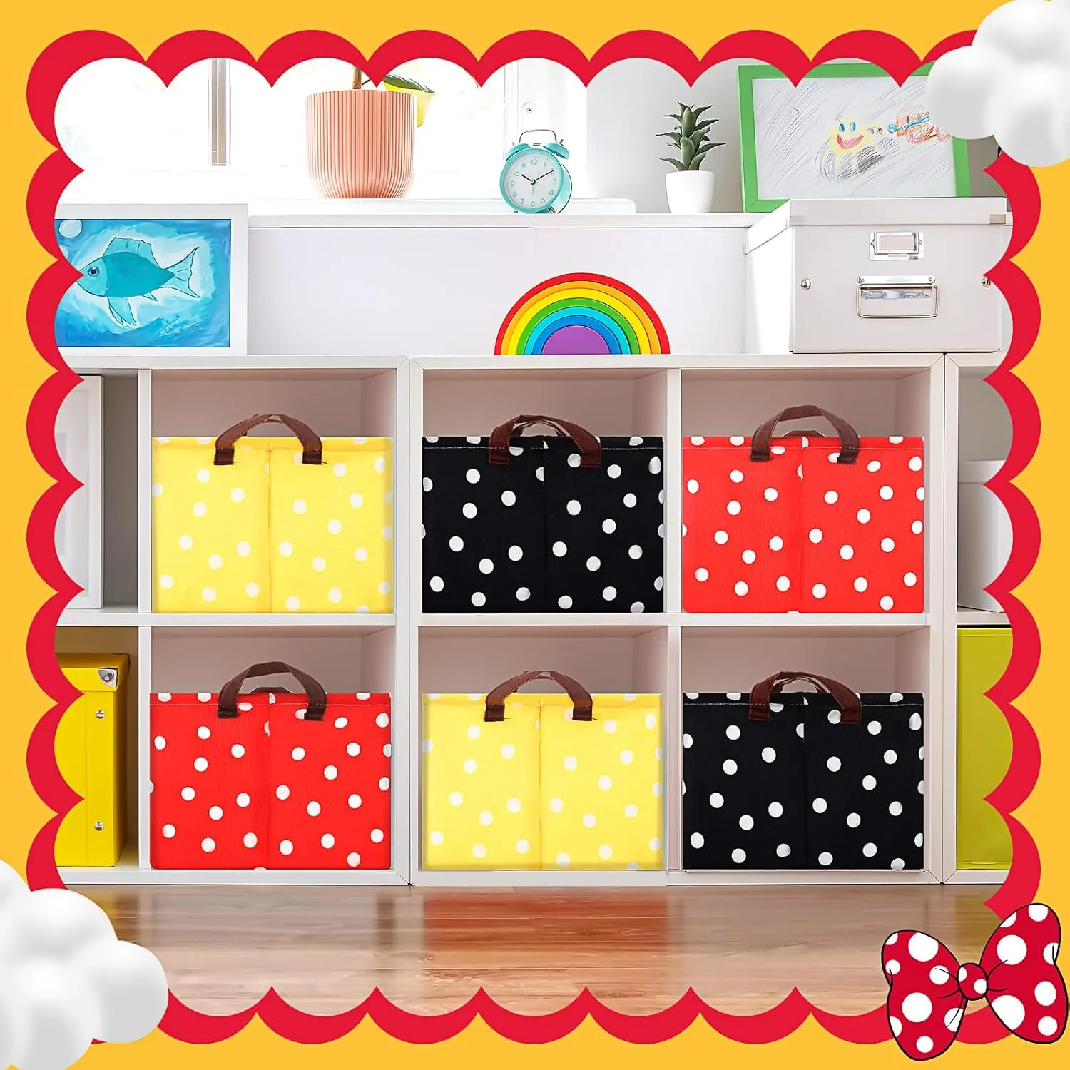 3 Pack Storage Baskets Waterproof Canvas with Leather Handles Storage Bins Basket Organizer Collapsible for Closet Clothes Room Decor(Cute Dot)