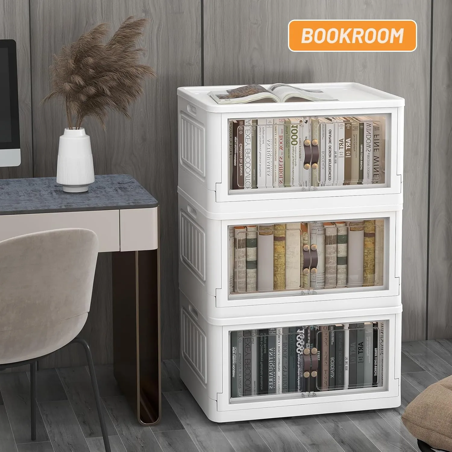 3 Storage Bins with 3 Lids, 78 Qt White Closet Organizers and Storage, 3 Packs Stackable Storage Bin with Wheels,Double Door Collapsible Storage Bins for Home and Office,Clear White
