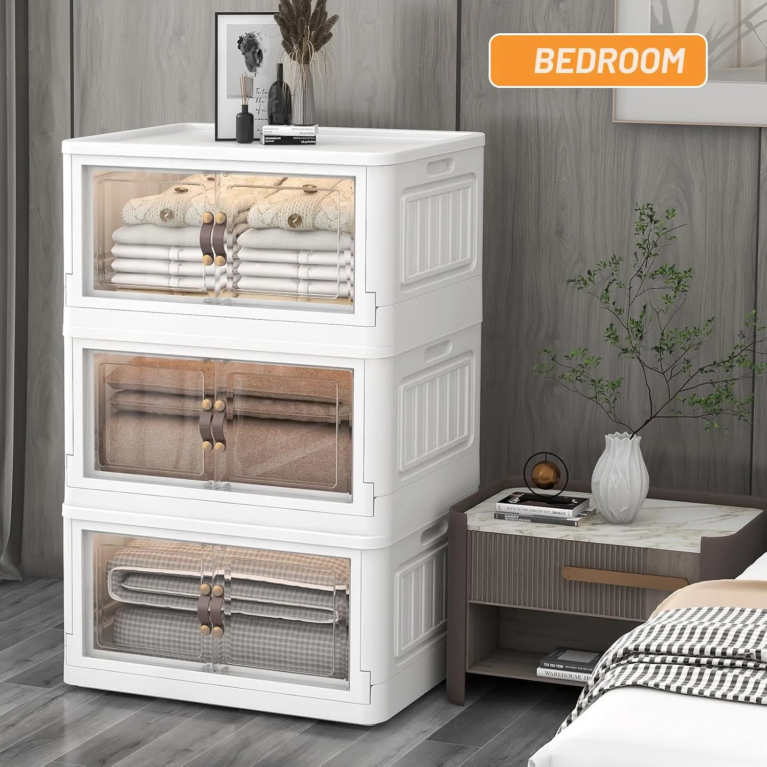 3 Storage Bins with 3 Lids, 78 Qt White Closet Organizers and Storage, 3 Packs Stackable Storage Bin with Wheels,Double Door Collapsible Storage Bins for Home and Office,Clear White