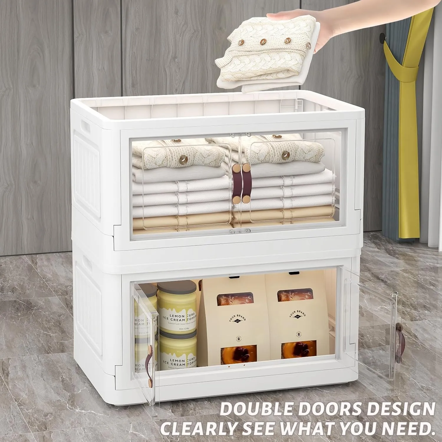 3 Storage Bins with 3 Lids, 78 Qt White Closet Organizers and Storage, 3 Packs Stackable Storage Bin with Wheels,Double Door Collapsible Storage Bins for Home and Office,Clear White