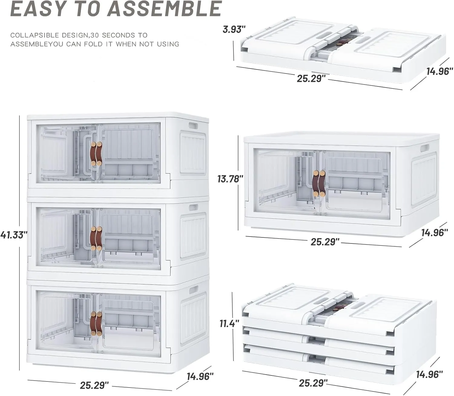 3 Storage Bins with 3 Lids, 78 Qt White Closet Organizers and Storage, 3 Packs Stackable Storage Bin with Wheels,Double Door Collapsible Storage Bins for Home and Office,Clear White
