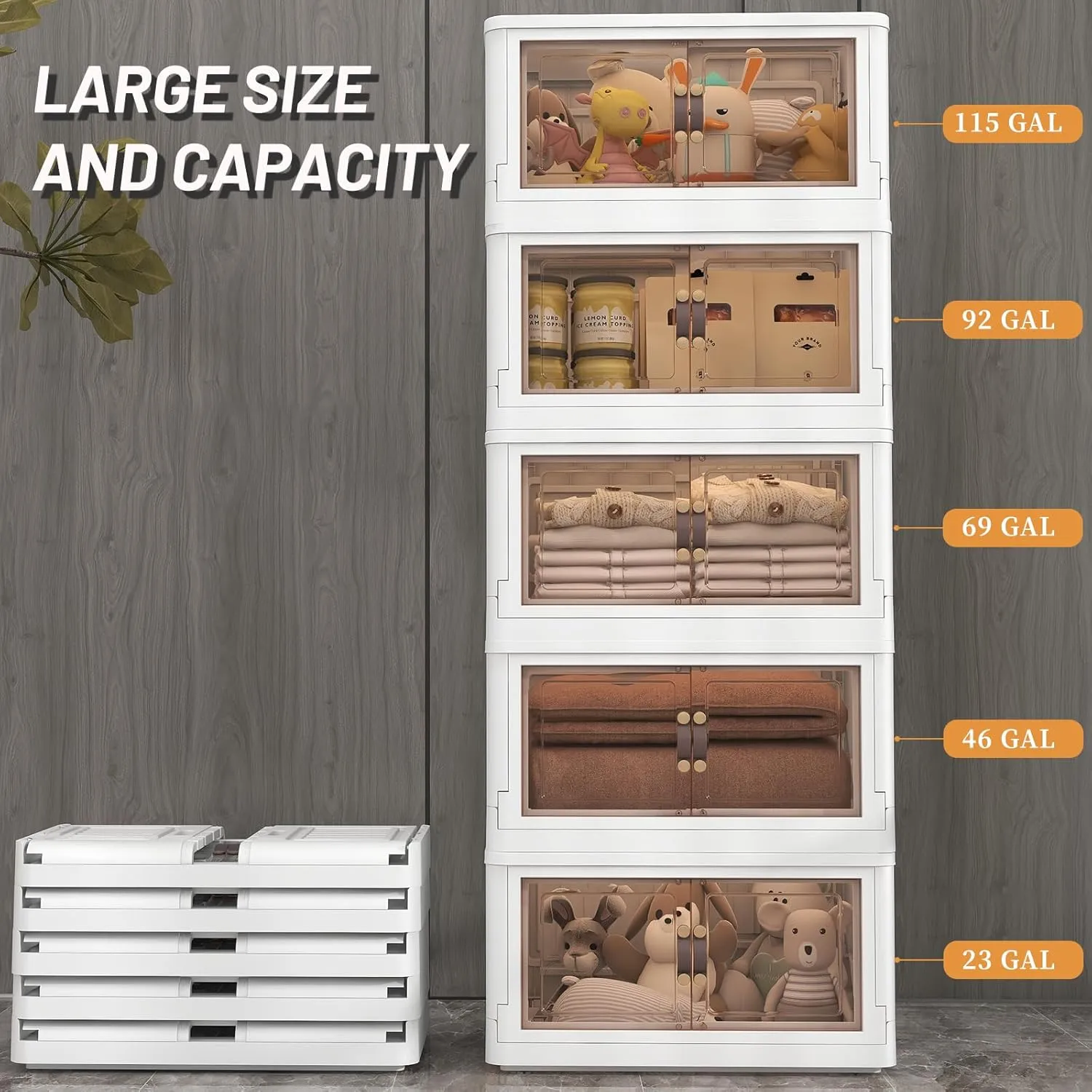 3 Storage Bins with 3 Lids, 78 Qt White Closet Organizers and Storage, 3 Packs Stackable Storage Bin with Wheels,Double Door Collapsible Storage Bins for Home and Office,Clear White