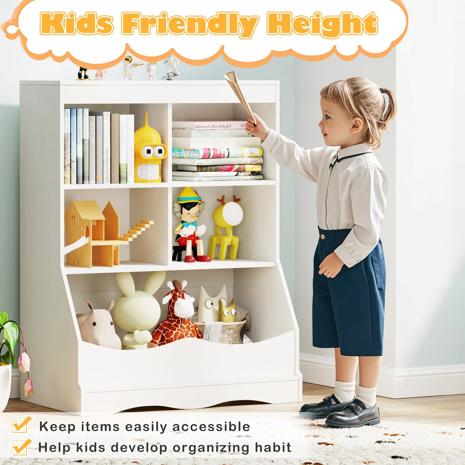 3-Tier Children's Multi-Functional Bookcase Toy Storage Bin Floor Cabinet-White