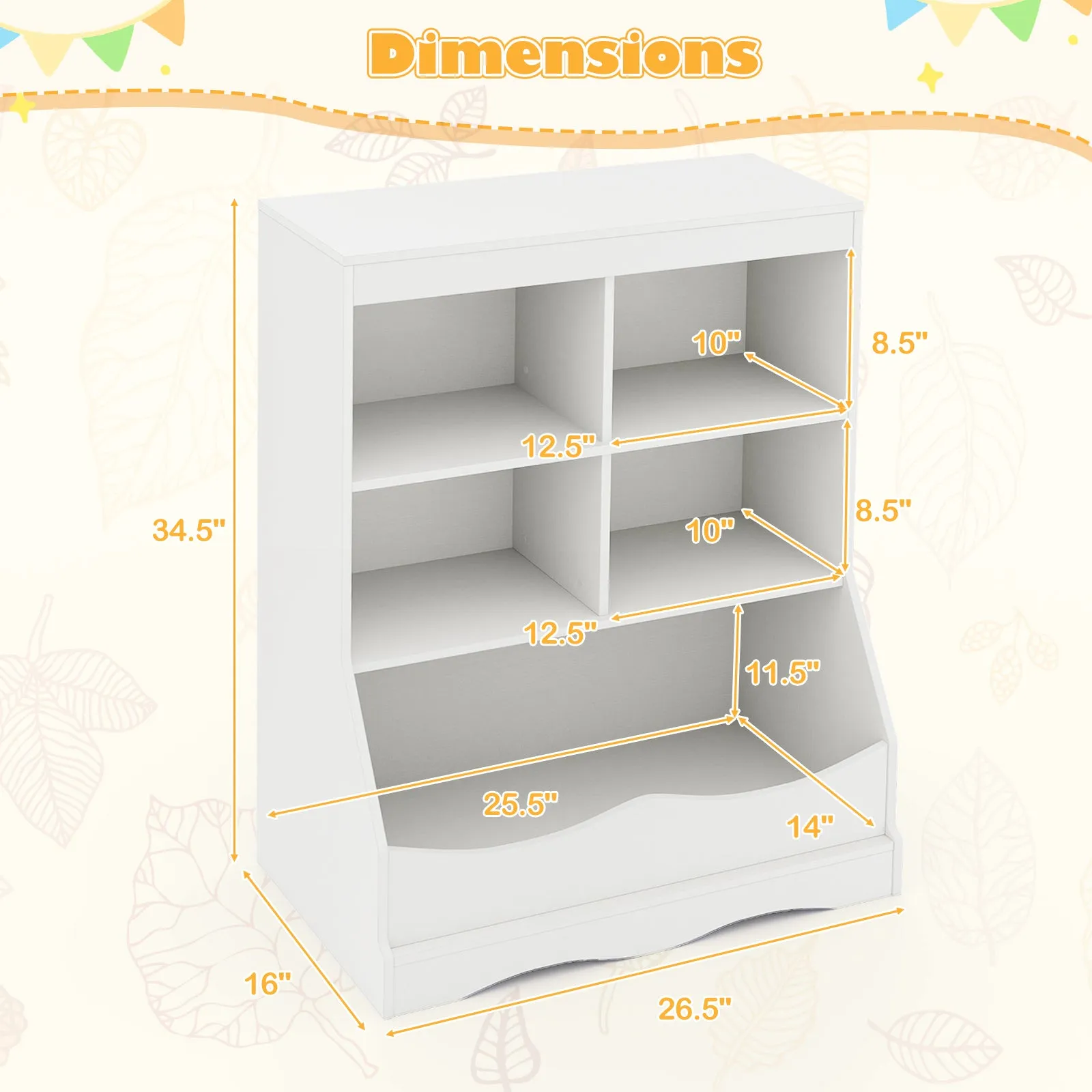 3-Tier Children's Multi-Functional Bookcase Toy Storage Bin Floor Cabinet-White