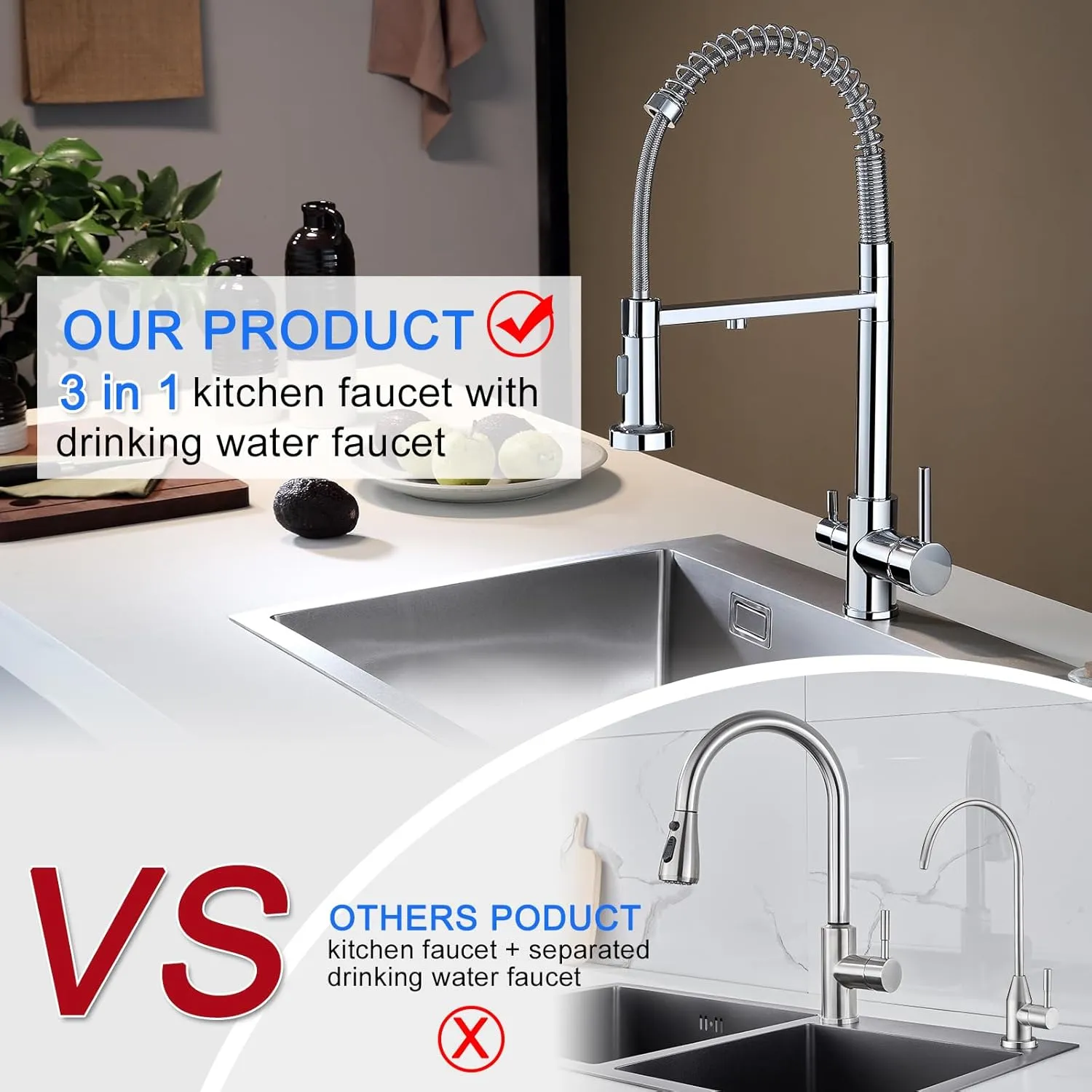 3 Way Kitchen Faucet with Pull Down Sprayer, Commercial Brass Kitchen Sink Faucet with Drinking Water Faucet for Water Filtration System or Pot Filler Faucet,Chrome