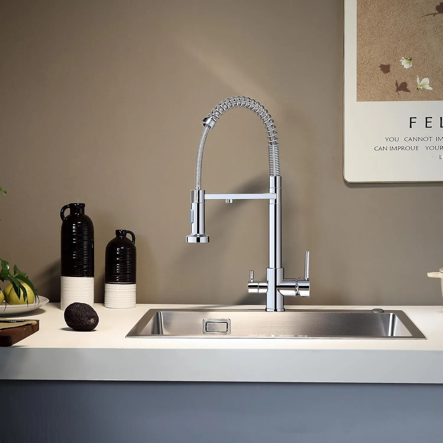 3 Way Kitchen Faucet with Pull Down Sprayer, Commercial Brass Kitchen Sink Faucet with Drinking Water Faucet for Water Filtration System or Pot Filler Faucet,Chrome