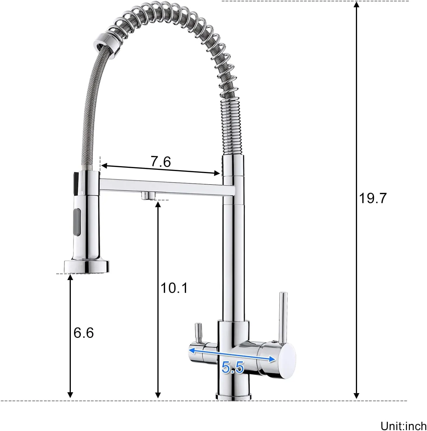 3 Way Kitchen Faucet with Pull Down Sprayer, Commercial Brass Kitchen Sink Faucet with Drinking Water Faucet for Water Filtration System or Pot Filler Faucet,Chrome