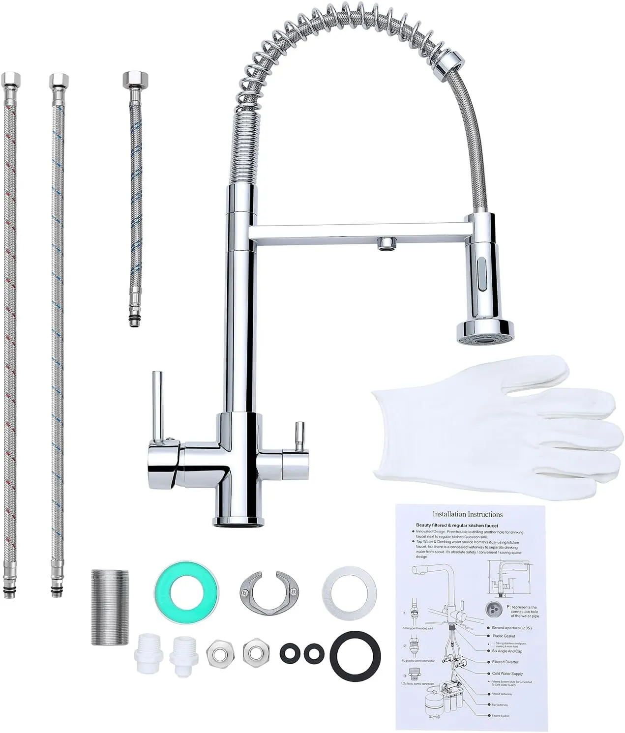 3 Way Kitchen Faucet with Pull Down Sprayer, Commercial Brass Kitchen Sink Faucet with Drinking Water Faucet for Water Filtration System or Pot Filler Faucet,Chrome