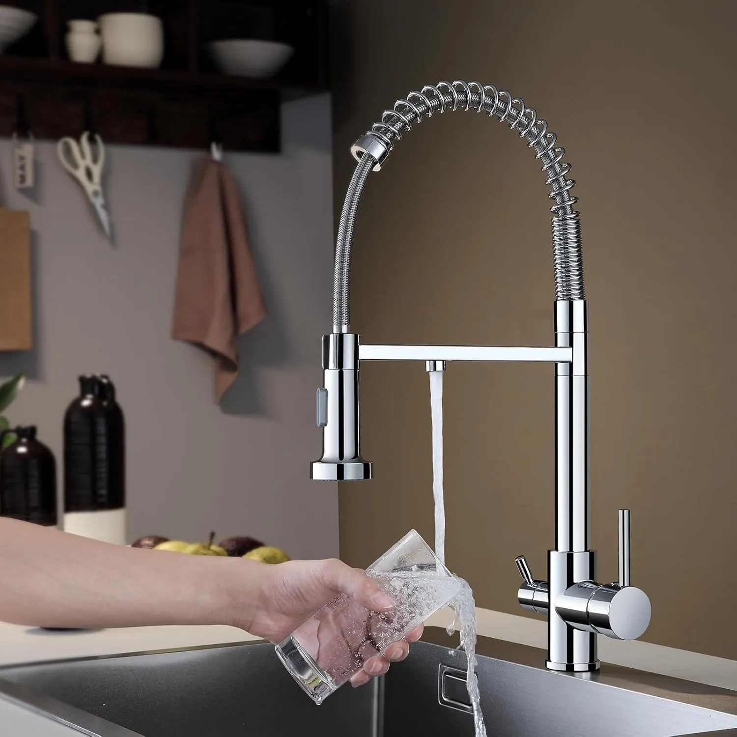 3 Way Kitchen Faucet with Pull Down Sprayer, Commercial Brass Kitchen Sink Faucet with Drinking Water Faucet for Water Filtration System or Pot Filler Faucet,Chrome