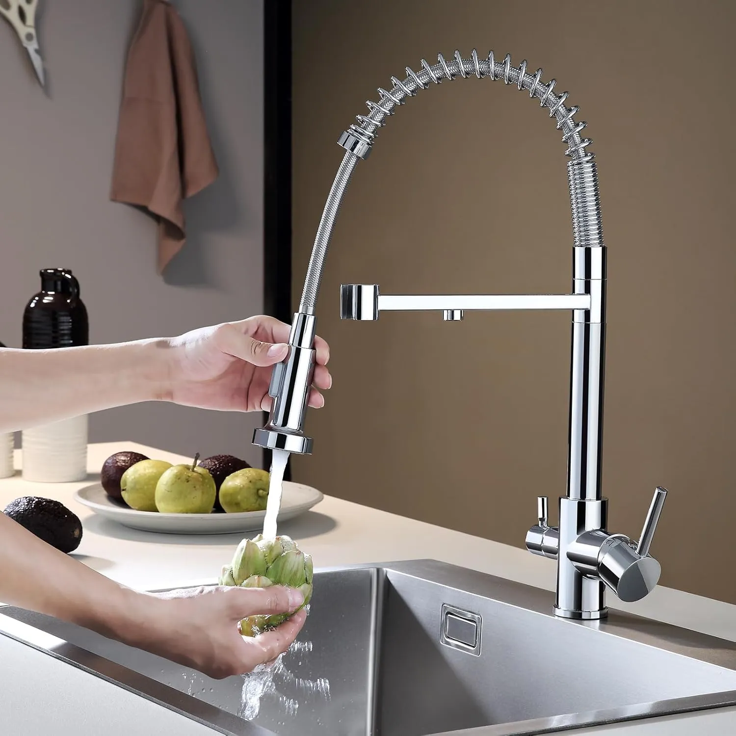 3 Way Kitchen Faucet with Pull Down Sprayer, Commercial Brass Kitchen Sink Faucet with Drinking Water Faucet for Water Filtration System or Pot Filler Faucet,Chrome