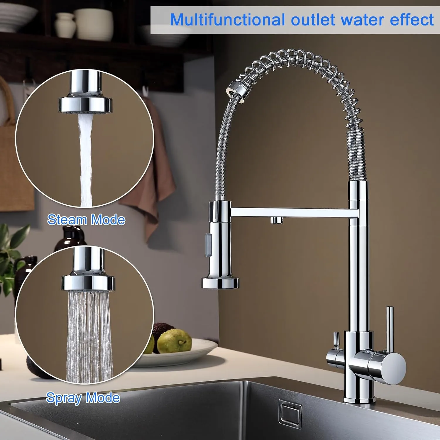 3 Way Kitchen Faucet with Pull Down Sprayer, Commercial Brass Kitchen Sink Faucet with Drinking Water Faucet for Water Filtration System or Pot Filler Faucet,Chrome