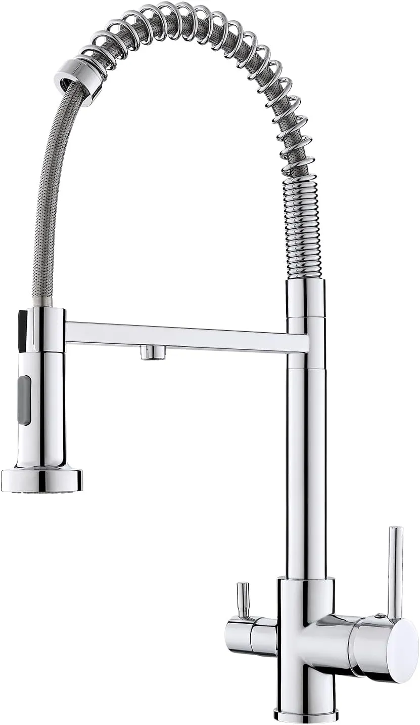 3 Way Kitchen Faucet with Pull Down Sprayer, Commercial Brass Kitchen Sink Faucet with Drinking Water Faucet for Water Filtration System or Pot Filler Faucet,Chrome