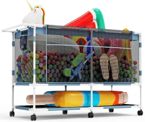 300 Gallon Double Decker Extra Large Pool Storage Bin, Mesh Pool Float Storage with Durable Frame & 6 Wheels, Heavy Duty Outdoor Pool Organizer for Swimming Equipments, Toys, Noodles, Balls