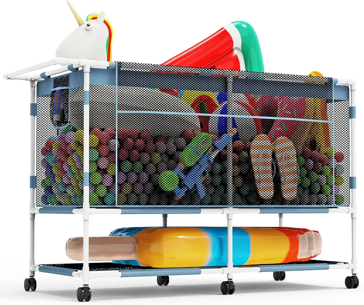 300 Gallon Double Decker Extra Large Pool Storage Bin, Mesh Pool Float Storage with Durable Frame & 6 Wheels, Heavy Duty Outdoor Pool Organizer for Swimming Equipments, Toys, Noodles, Balls