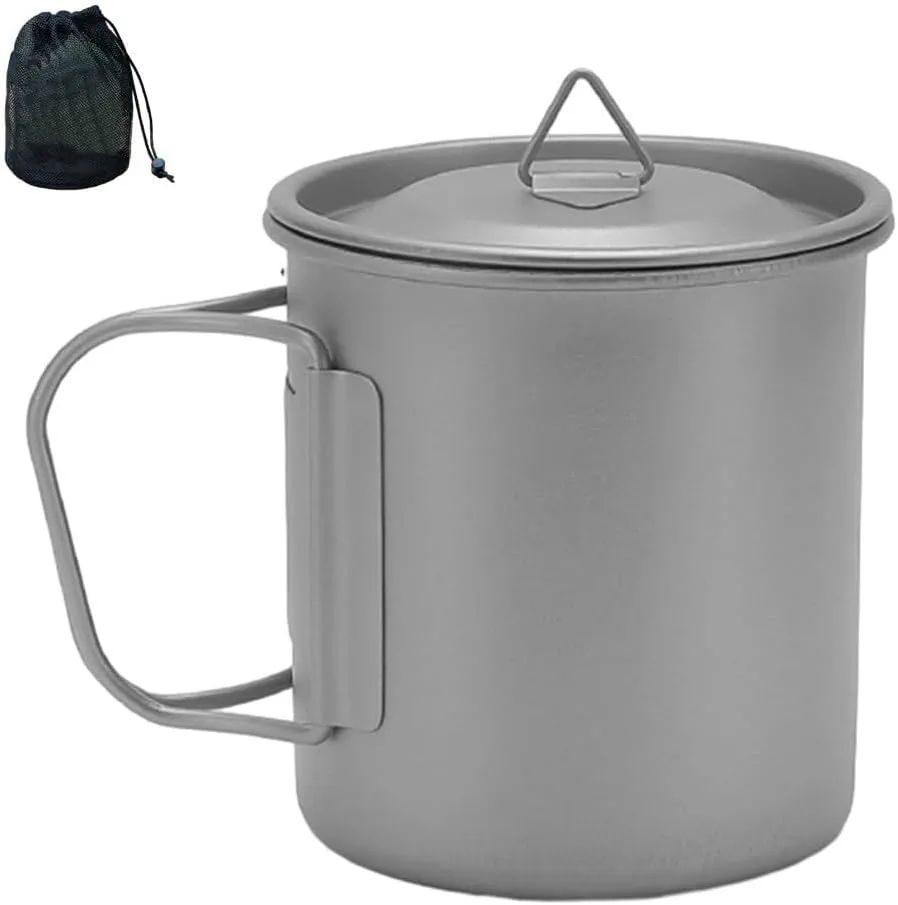 300/450ML Titanium Mug With Lid Tea Coffee Water Cup Outdoor Camping Pot Ultra-light Portable Hiking Backpacking Cooking Kit Picnic Tableware Drinkware With Foldable Handle (300ml)