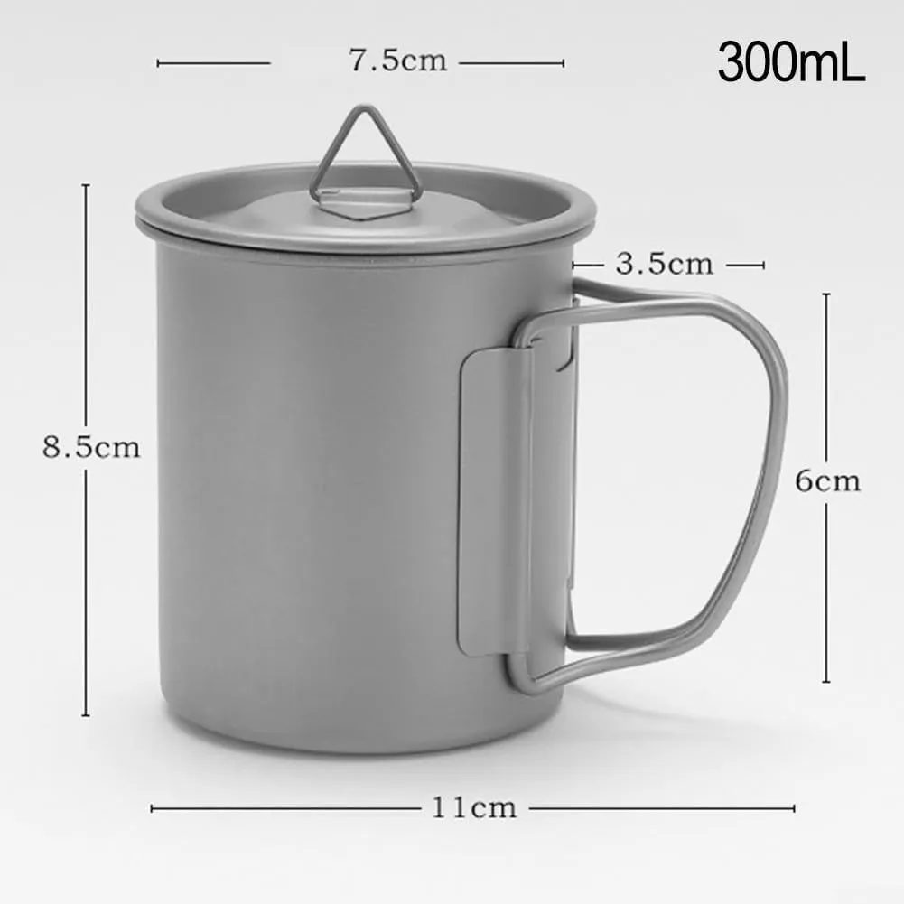 300/450ML Titanium Mug With Lid Tea Coffee Water Cup Outdoor Camping Pot Ultra-light Portable Hiking Backpacking Cooking Kit Picnic Tableware Drinkware With Foldable Handle (300ml)