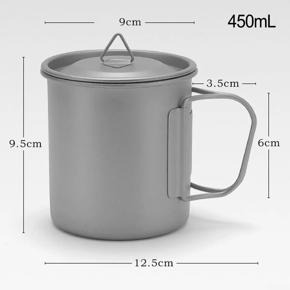 300/450ML Titanium Mug With Lid Tea Coffee Water Cup Outdoor Camping Pot Ultra-light Portable Hiking Backpacking Cooking Kit Picnic Tableware Drinkware With Foldable Handle (450ml)