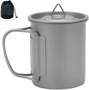 300/450ML Titanium Mug With Lid Tea Coffee Water Cup Outdoor Camping Pot Ultra-light Portable Hiking Backpacking Cooking Kit Picnic Tableware Drinkware With Foldable Handle (450ml)