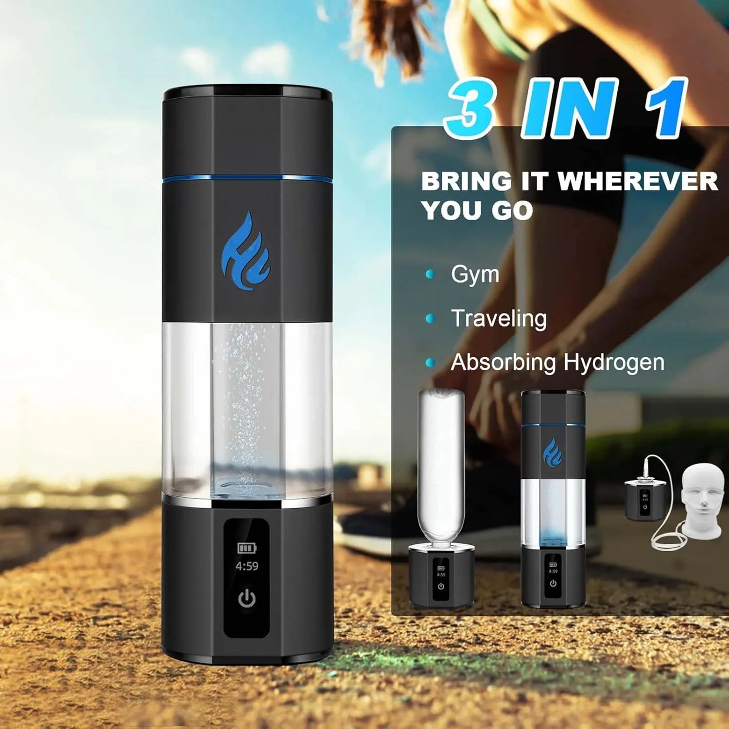 300ML Portable Hydrogen Rich Water Cup, Hydrogen Generator Water Filter, USB Charging Electrolyte Water Cup, 5000PPB High Concentration Health Bottle