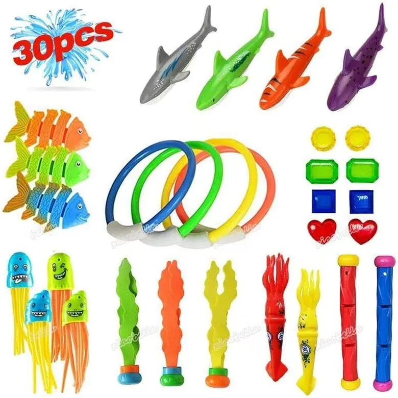 30PCS Pool Diving Toys Set-Includes Sharks, Fish, Rings, Jellyfish, Underwater Treasures, and More – Fun Swimming Pool Toys for Kids, Teens & Adults