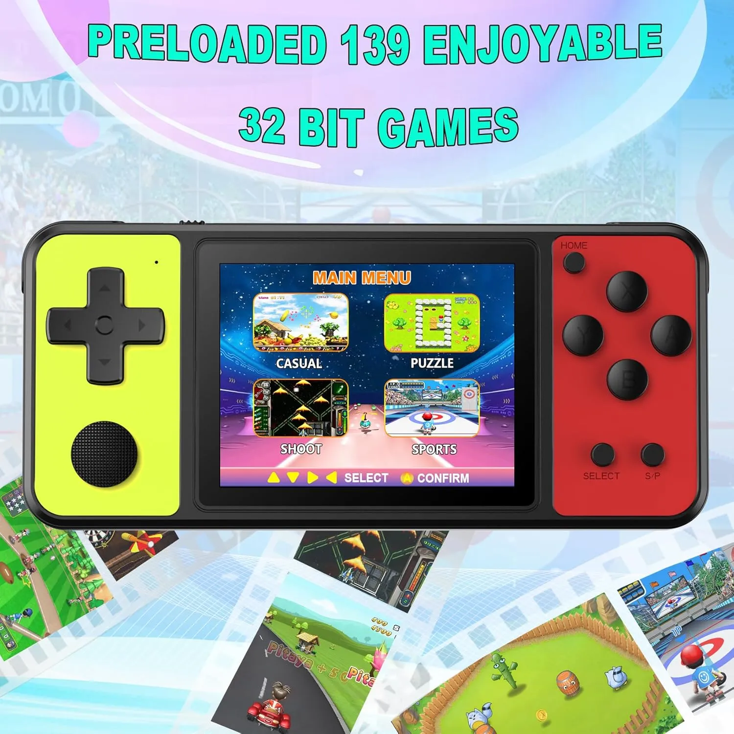 32 Bit Handheld Games for Kids Built-in 139 Video Games,3.0" IPS Screen Rechargeable Portable Arcade Gaming Player,Electronic Toys for Boys Girls Birthday Xmas Gift Yellow-Red