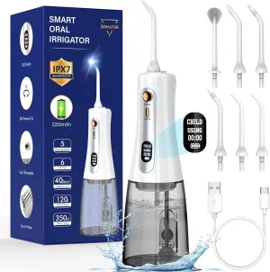 350ML Water Dental Flosser for Teeth Pick, 5 Oral Irrigate Modes 6 Jet Tips, LCD Display Cordless Water Flosser, Rechargeable Travel Electric Water Flossers IPX7 Waterproof for Teeth Cleaning Gadgets