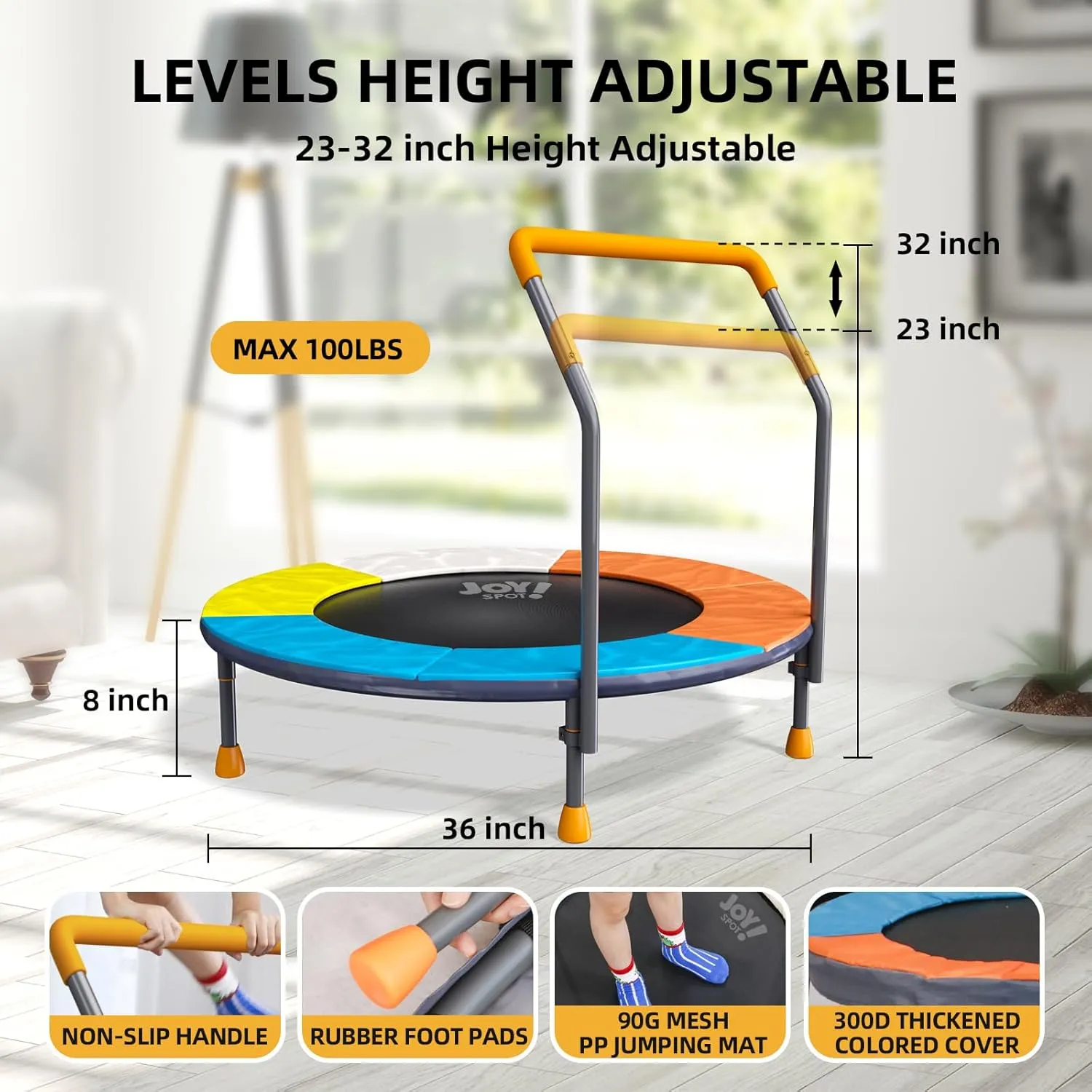 3FT Foldable Trampoline for Kids, 36” Mini Small Trampoline with Handle Bar Indoor Outdoor, Height-Adjustable,Max Load 150LBS,Toddler Baby Jumping Mat,Fitness Recreational Trampoline Garden Workout
