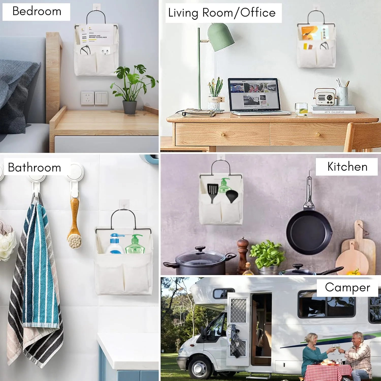 3pcs Small Wall Hanging Organizer Bag, Linen Fabric Door Hanging Storage Basket with Pockets, Waterproof Bin for Kitchen, Bedroom, Office, RV Camper (White)