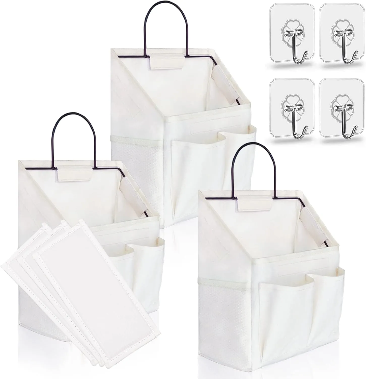 3pcs Small Wall Hanging Organizer Bag, Linen Fabric Door Hanging Storage Basket with Pockets, Waterproof Bin for Kitchen, Bedroom, Office, RV Camper (White)