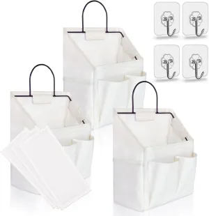 3pcs Small Wall Hanging Organizer Bag, Linen Fabric Door Hanging Storage Basket with Pockets, Waterproof Bin for Kitchen, Bedroom, Office, RV Camper (White)
