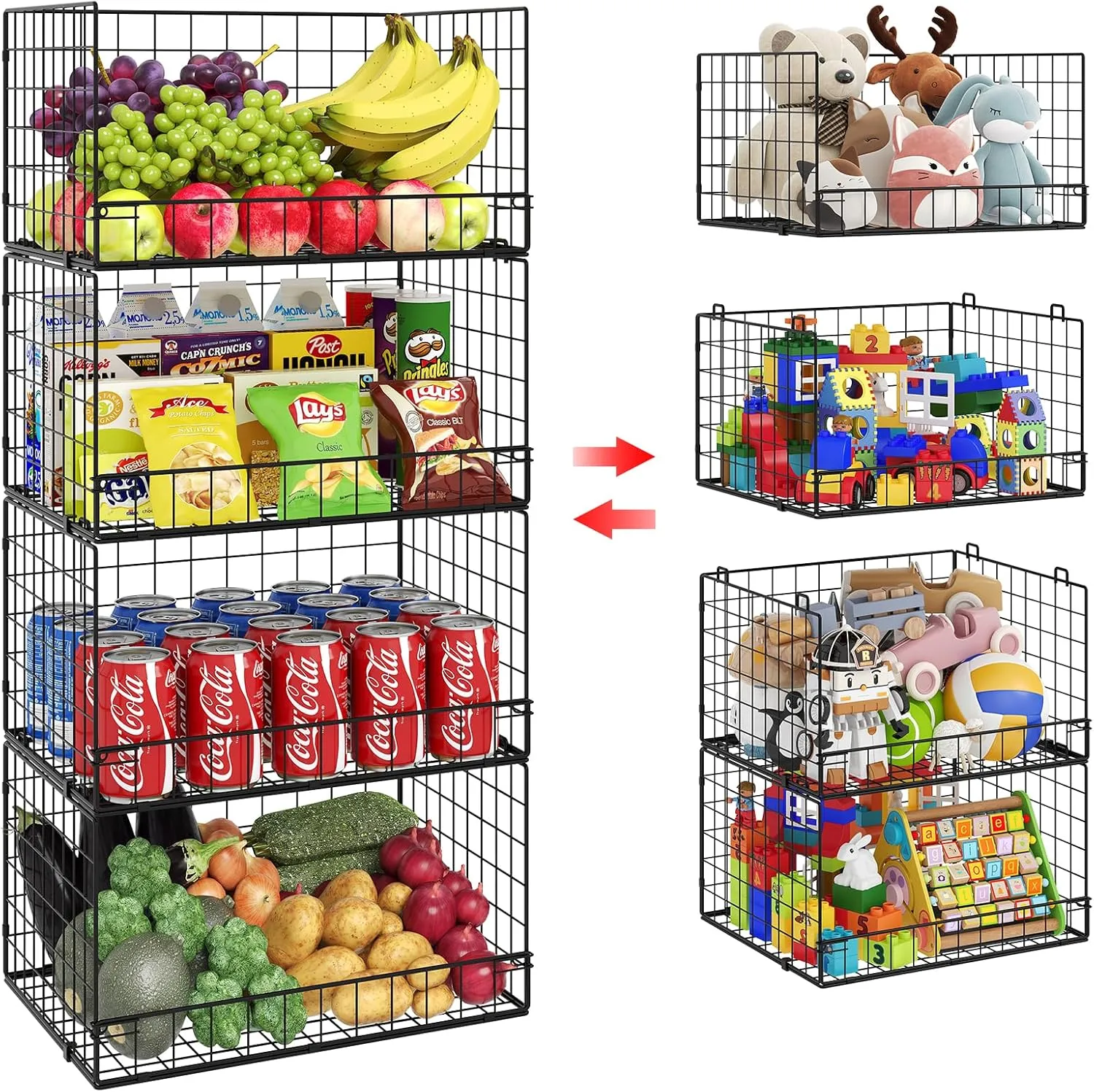 4 Pack Stackable Wire Baskets for Pantry Organizers and Storage, Large Pantry Baskets for Snack Organizer, Foldable Metal Storage Bins for Organizing Snack Can Fruit Vegetable & Toy