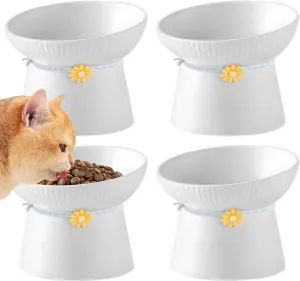 4 Pcs Raised Cat Bowls, Ceramic Tilted Cat Food Bowl, Stress-Less Elevated Porcelain Pet Feeder Dish with Decor Rings, Water Bowls for Dry and Wet Food, Reduces Neck Strain & Backflow