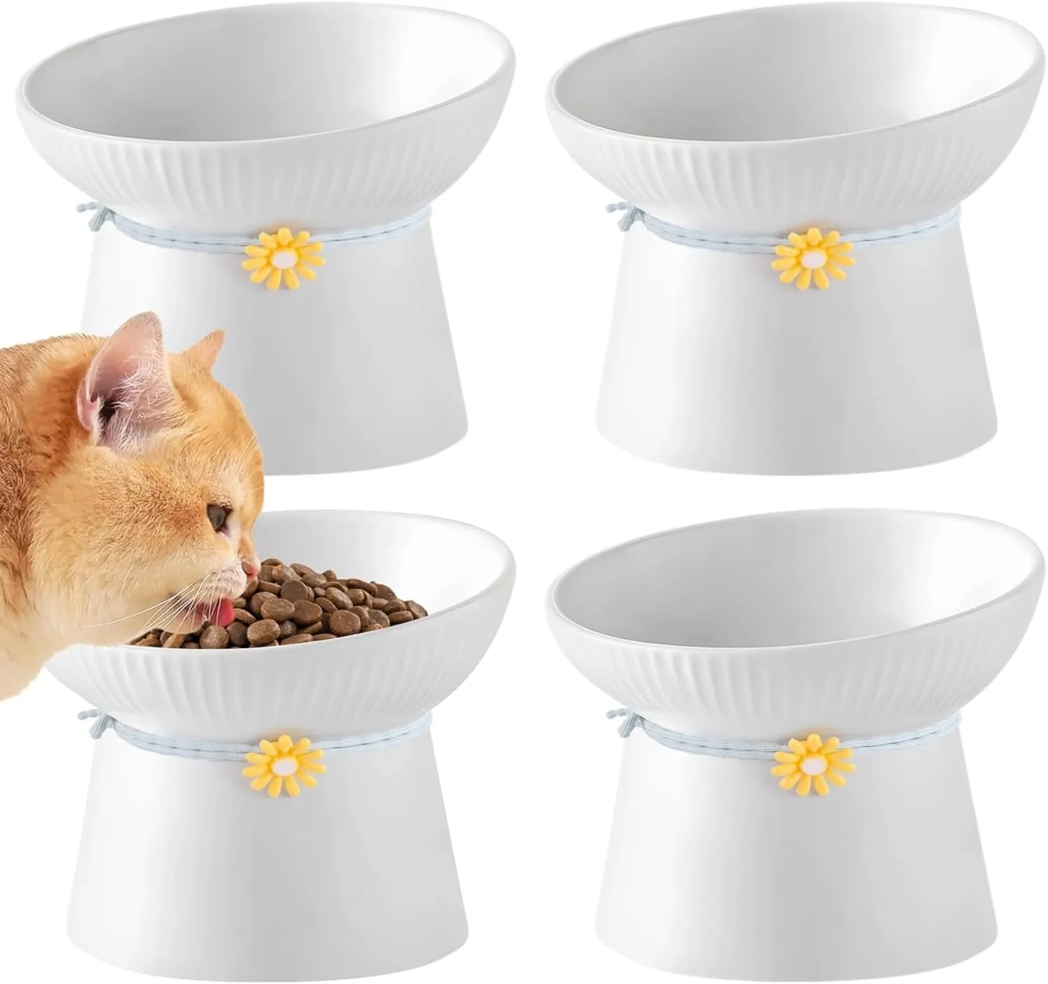 4 Pcs Raised Cat Bowls, Ceramic Tilted Cat Food Bowl, Stress-Less Elevated Porcelain Pet Feeder Dish with Decor Rings, Water Bowls for Dry and Wet Food, Reduces Neck Strain & Backflow