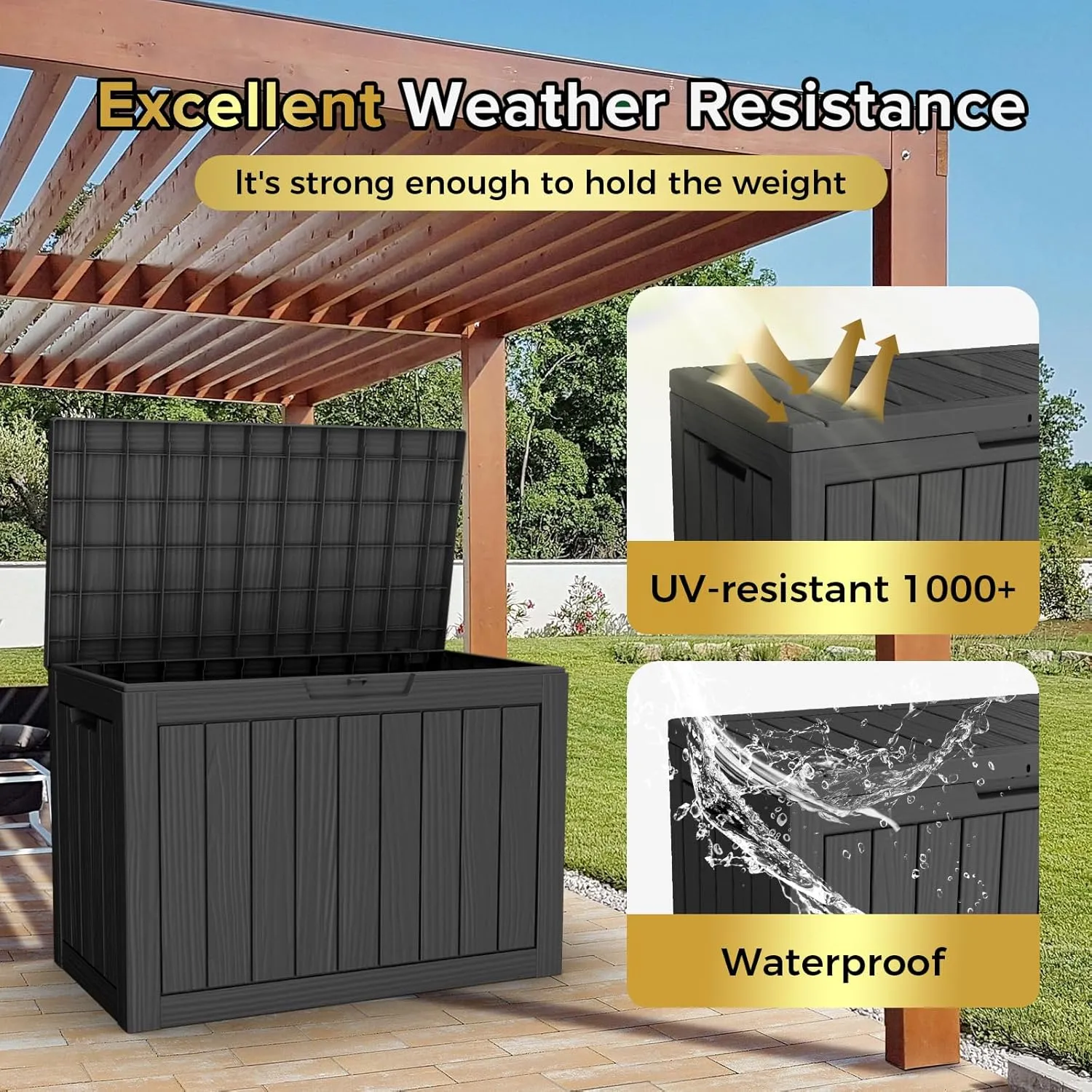 45 Gallon Lockable Resin Deck Box, Waterproof & UV-Resistant Outdoor Storage Box for Outdoor Cushion Storage, Garden Tools & Pool Accessories Storage, Black