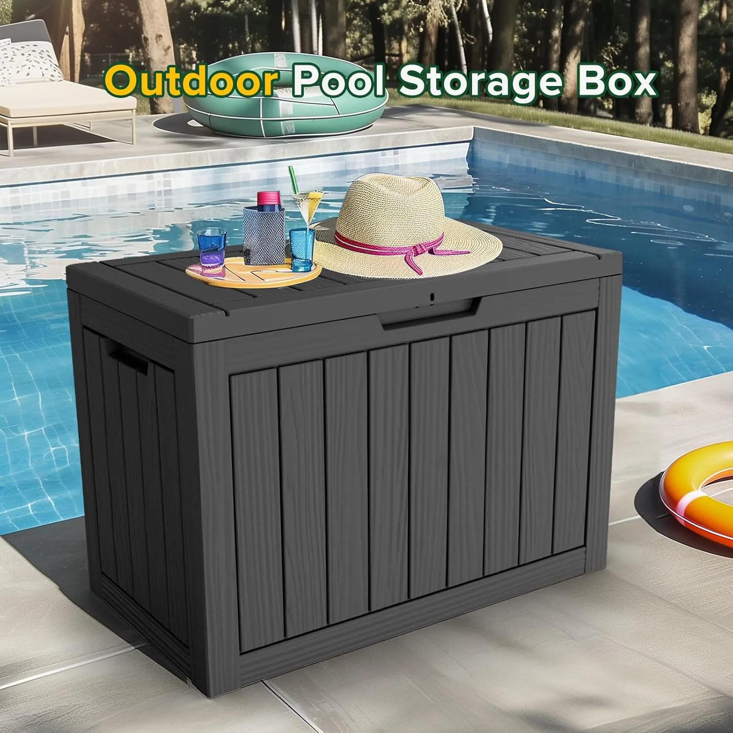 45 Gallon Lockable Resin Deck Box, Waterproof & UV-Resistant Outdoor Storage Box for Outdoor Cushion Storage, Garden Tools & Pool Accessories Storage, Black