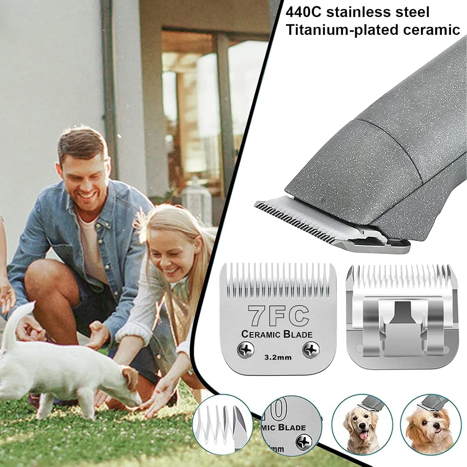 4PACK Dog Grooming Clipper Replacement Blades Compatible with Andis Pet Clipper/Oster A5/Wahl KM Series Dog Clipper,Ceramic Blade & Stainless Steel Blade (#3FC 4FC 5FC 7FC)