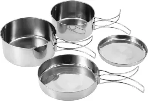 4Pcs Stainless Steel Cookware Set, Portable Camping Picnic Pan Pot Plate Tableware with Foldable Handle Outdoor Dining Tableware