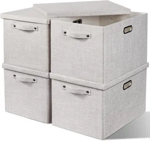 4x39L Large Storage Bins with Lids- 17" Thick Decorative Storage Boxes with Lids Foldable Closet Storage Bins for Clothes Linen Storage Organizer Kids Boxes for Nursery Playroom Office Shelves-Beige