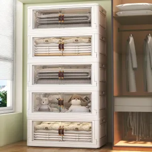 5 Storage Bins with 5 Lids, 78 Qt White Closet Organizers and Storage, 5 Packs Stackable Storage Bin with Wheels,Double Door Collapsible Storage Bins for Home and Office,Clear White
